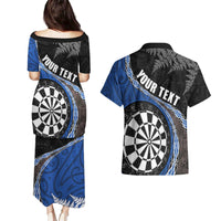 Personalised New Zealand Darts Couples Matching Puletasi and Hawaiian Shirt Koru Tribal Tattoo and Silver Fern Maori Pattern Blue Color LT03 - Polynesian Pride