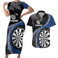 Personalised New Zealand Darts Couples Matching Short Sleeve Bodycon Dress and Hawaiian Shirt Koru Tribal Tattoo and Silver Fern Maori Pattern Blue Color LT03 Blue - Polynesian Pride