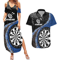 Personalised New Zealand Darts Couples Matching Summer Maxi Dress and Hawaiian Shirt Koru Tribal Tattoo and Silver Fern Maori Pattern Blue Color LT03 Blue - Polynesian Pride