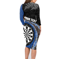 Personalised New Zealand Darts Family Matching Long Sleeve Bodycon Dress and Hawaiian Shirt Koru Tribal Tattoo and Silver Fern Maori Pattern Blue Color LT03 - Polynesian Pride