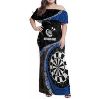 Personalised New Zealand Darts Family Matching Off Shoulder Maxi Dress and Hawaiian Shirt Koru Tribal Tattoo and Silver Fern Maori Pattern Blue Color LT03 Mom's Dress Blue - Polynesian Pride
