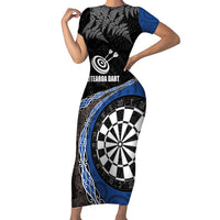 Personalised New Zealand Darts Family Matching Short Sleeve Bodycon Dress and Hawaiian Shirt Koru Tribal Tattoo and Silver Fern Maori Pattern Blue Color LT03 Mom's Dress Blue - Polynesian Pride