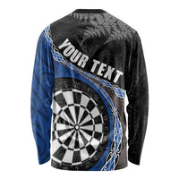 Personalised New Zealand Darts Long Sleeve Shirt Koru Tribal Tattoo and Silver Fern Maori Pattern Blue Color LT03 - Polynesian Pride