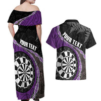 Personalised New Zealand Darts Couples Matching Off Shoulder Maxi Dress and Hawaiian Shirt Koru Tribal Tattoo and Silver Fern Maori Pattern Purple Color LT03 - Polynesian Pride