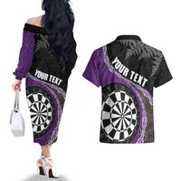 Personalised New Zealand Darts Couples Matching Off The Shoulder Long Sleeve Dress and Hawaiian Shirt Koru Tribal Tattoo and Silver Fern Maori Pattern Purple Color LT03 - Polynesian Pride