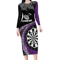 Personalised New Zealand Darts Family Matching Long Sleeve Bodycon Dress and Hawaiian Shirt Koru Tribal Tattoo and Silver Fern Maori Pattern Purple Color LT03 Mom's Dress Purple - Polynesian Pride