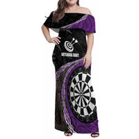 Personalised New Zealand Darts Family Matching Off Shoulder Maxi Dress and Hawaiian Shirt Koru Tribal Tattoo and Silver Fern Maori Pattern Purple Color LT03 Mom's Dress Purple - Polynesian Pride