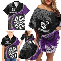 Personalised New Zealand Darts Family Matching Off Shoulder Short Dress and Hawaiian Shirt Koru Tribal Tattoo and Silver Fern Maori Pattern Purple Color LT03 - Polynesian Pride