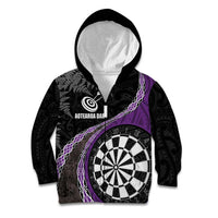 Personalised New Zealand Darts Kid Hoodie Koru Tribal Tattoo and Silver Fern Maori Pattern Purple Color LT03 Zip Hoodie Purple - Polynesian Pride