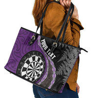 Personalised New Zealand Darts Leather Tote Bag Koru Tribal Tattoo and Silver Fern Maori Pattern Purple Color LT03 - Polynesian Pride