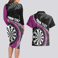 Personalised New Zealand Darts Couples Matching Long Sleeve Bodycon Dress and Hawaiian Shirt Koru Tribal Tattoo and Silver Fern Maori Pattern Pink Color LT03 - Polynesian Pride