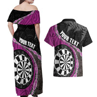 Personalised New Zealand Darts Couples Matching Off Shoulder Maxi Dress and Hawaiian Shirt Koru Tribal Tattoo and Silver Fern Maori Pattern Pink Color LT03 - Polynesian Pride
