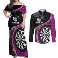 Personalised New Zealand Darts Couples Matching Off Shoulder Maxi Dress and Long Sleeve Button Shirt Koru Tribal Tattoo and Silver Fern Maori Pattern Pink Color LT03 Pink - Polynesian Pride