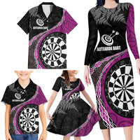 Personalised New Zealand Darts Family Matching Long Sleeve Bodycon Dress and Hawaiian Shirt Koru Tribal Tattoo and Silver Fern Maori Pattern Pink Color LT03 - Polynesian Pride
