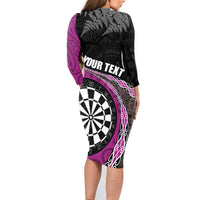 Personalised New Zealand Darts Family Matching Long Sleeve Bodycon Dress and Hawaiian Shirt Koru Tribal Tattoo and Silver Fern Maori Pattern Pink Color LT03 - Polynesian Pride