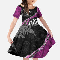 Personalised New Zealand Darts Family Matching Off Shoulder Maxi Dress and Hawaiian Shirt Koru Tribal Tattoo and Silver Fern Maori Pattern Pink Color LT03 Daughter's Dress Pink - Polynesian Pride