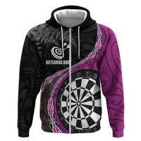 Personalised New Zealand Darts Hoodie Koru Tribal Tattoo and Silver Fern Maori Pattern Pink Color LT03 Zip Hoodie Pink - Polynesian Pride
