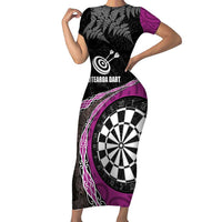 Personalised New Zealand Darts Short Sleeve Bodycon Dress Koru Tribal Tattoo and Silver Fern Maori Pattern Pink Color LT03 Long Dress Pink - Polynesian Pride