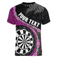 Personalised New Zealand Darts Women V-Neck T-Shirt Koru Tribal Tattoo and Silver Fern Maori Pattern Pink Color