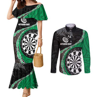 Personalised New Zealand Darts Couples Matching Mermaid Dress and Long Sleeve Button Shirt Koru Tribal Tattoo and Silver Fern Maori Pattern Green Color LT03 Green - Polynesian Pride