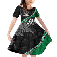 Personalised New Zealand Darts Family Matching Off Shoulder Short Dress and Hawaiian Shirt Koru Tribal Tattoo and Silver Fern Maori Pattern Green Color LT03 Daughter's Dress Green - Polynesian Pride