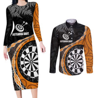 Personalised New Zealand Darts Couples Matching Long Sleeve Bodycon Dress and Long Sleeve Button Shirt Koru Tribal Tattoo and Silver Fern Maori Pattern Orange Color LT03 Orange - Polynesian Pride