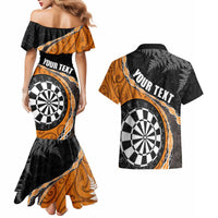 Personalised New Zealand Darts Couples Matching Mermaid Dress and Hawaiian Shirt Koru Tribal Tattoo and Silver Fern Maori Pattern Orange Color LT03 - Polynesian Pride