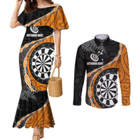 Personalised New Zealand Darts Couples Matching Mermaid Dress and Long Sleeve Button Shirt Koru Tribal Tattoo and Silver Fern Maori Pattern Orange Color LT03 Orange - Polynesian Pride