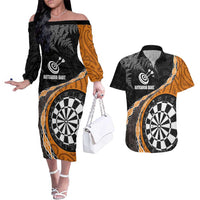 Personalised New Zealand Darts Couples Matching Off The Shoulder Long Sleeve Dress and Hawaiian Shirt Koru Tribal Tattoo and Silver Fern Maori Pattern Orange Color LT03 Orange - Polynesian Pride