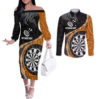 Personalised New Zealand Darts Couples Matching Off The Shoulder Long Sleeve Dress and Long Sleeve Button Shirt Koru Tribal Tattoo and Silver Fern Maori Pattern Orange Color LT03 Orange - Polynesian Pride