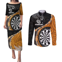 Personalised New Zealand Darts Couples Matching Puletasi and Long Sleeve Button Shirt Koru Tribal Tattoo and Silver Fern Maori Pattern Orange Color LT03 Orange - Polynesian Pride