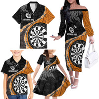 Personalised New Zealand Darts Family Matching Off The Shoulder Long Sleeve Dress and Hawaiian Shirt Koru Tribal Tattoo and Silver Fern Maori Pattern Orange Color LT03 - Polynesian Pride