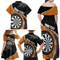 Personalised New Zealand Darts Family Matching Off Shoulder Maxi Dress and Hawaiian Shirt Koru Tribal Tattoo and Silver Fern Maori Pattern Orange Color LT03 - Polynesian Pride