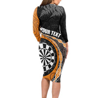 Personalised New Zealand Darts Long Sleeve Bodycon Dress Koru Tribal Tattoo and Silver Fern Maori Pattern Orange Color LT03 - Polynesian Pride
