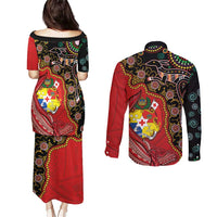 Tonga Ngatu and Australia Together Couples Matching Puletasi and Long Sleeve Button Shirt Polynesian Humpback Whale and Aboriginal Kangaroo