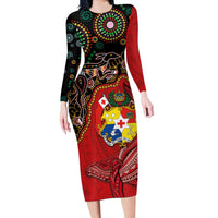 Tonga Ngatu and Australia Together Long Sleeve Bodycon Dress Polynesian Humpback Whale and Aboriginal Kangaroo