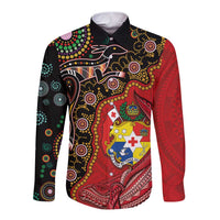 Tonga Ngatu and Australia Together Long Sleeve Button Shirt Polynesian Humpback Whale and Aboriginal Kangaroo LT03 Unisex Red - Polynesian Pride