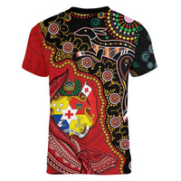 Tonga Ngatu and Australia Together Women V-Neck T-Shirt Polynesian Humpback Whale and Aboriginal Kangaroo