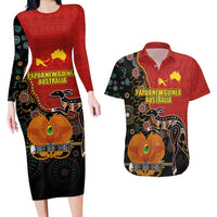 Personalised Papua New Guinea and Australia Together Couples Matching Long Sleeve Bodycon Dress and Hawaiian Shirt Bird-of-paradise and Kangaroo with Aboriginal Pattern LT03 Red - Polynesian Pride