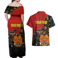 Personalised Papua New Guinea and Australia Together Couples Matching Off Shoulder Maxi Dress and Hawaiian Shirt Bird-of-paradise and Kangaroo with Aboriginal Pattern LT03 - Polynesian Pride