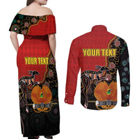 Personalised Papua New Guinea and Australia Together Couples Matching Off Shoulder Maxi Dress and Long Sleeve Button Shirt Bird-of-paradise and Kangaroo with Aboriginal Pattern