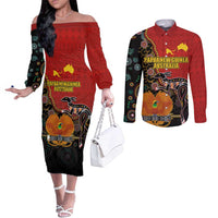 Personalised Papua New Guinea and Australia Together Couples Matching Off The Shoulder Long Sleeve Dress and Long Sleeve Button Shirt Bird-of-paradise and Kangaroo with Aboriginal Pattern LT03 Red - Polynesian Pride