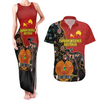 Personalised Papua New Guinea and Australia Together Couples Matching Tank Maxi Dress and Hawaiian Shirt Bird-of-paradise and Kangaroo with Aboriginal Pattern LT03 Red - Polynesian Pride