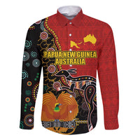 Personalised Papua New Guinea and Australia Together Family Matching Mermaid Dress and Hawaiian Shirt Bird-of-paradise and Kangaroo with Aboriginal Pattern LT03 Dad's Shirt - Long Sleeve Red - Polynesian Pride