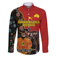 Personalised Papua New Guinea and Australia Together Family Matching Puletasi and Hawaiian Shirt Bird-of-paradise and Kangaroo with Aboriginal Pattern LT03 Dad's Shirt - Long Sleeve Red - Polynesian Pride
