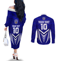Custom Kimbe Cutters Rugby Couples Matching Off The Shoulder Long Sleeve Dress and Long Sleeve Button Shirts Papua New Guinea Polynesian Tattoo Blue Version LT03 - Polynesian Pride