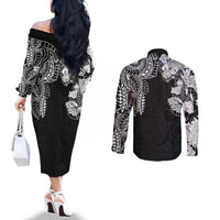 Japanese Irezumi and Hawaiian Polynesian Art Tattoo Couples Matching Off The Shoulder Long Sleeve Dress and Long Sleeve Button Shirt Black Color LT03 - Polynesian Pride