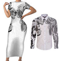 Japanese Irezumi and Hawaiian Polynesian Art Tattoo Couples Matching Short Sleeve Bodycon Dress and Long Sleeve Button Shirt White Color LT03 White - Polynesian Pride