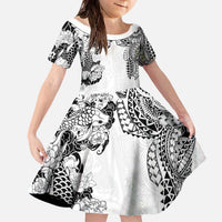 Japanese Irezumi and Hawaiian Polynesian Art Tattoo Family Matching Off The Shoulder Long Sleeve Dress and Hawaiian Shirt White Color LT03 Daughter's Dress White - Polynesian Pride