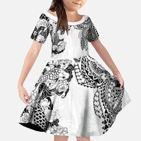 Japanese Irezumi and Hawaiian Polynesian Art Tattoo Family Matching Off Shoulder Maxi Dress and Hawaiian Shirt White Color LT03 Daughter's Dress White - Polynesian Pride